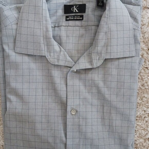Calvin Klein Men's Dress Shirt Sz 2X White with Blue Plaid Long Sleeve Slim Fit - Picture 1 of 8